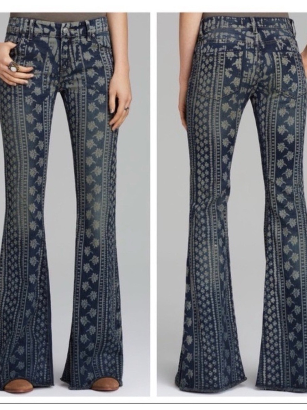 Free People Mantra Bali Dark Wash Flare Low Rise Raw Hem Jeans Boho Women’s 28 - Picture 2 of 16
